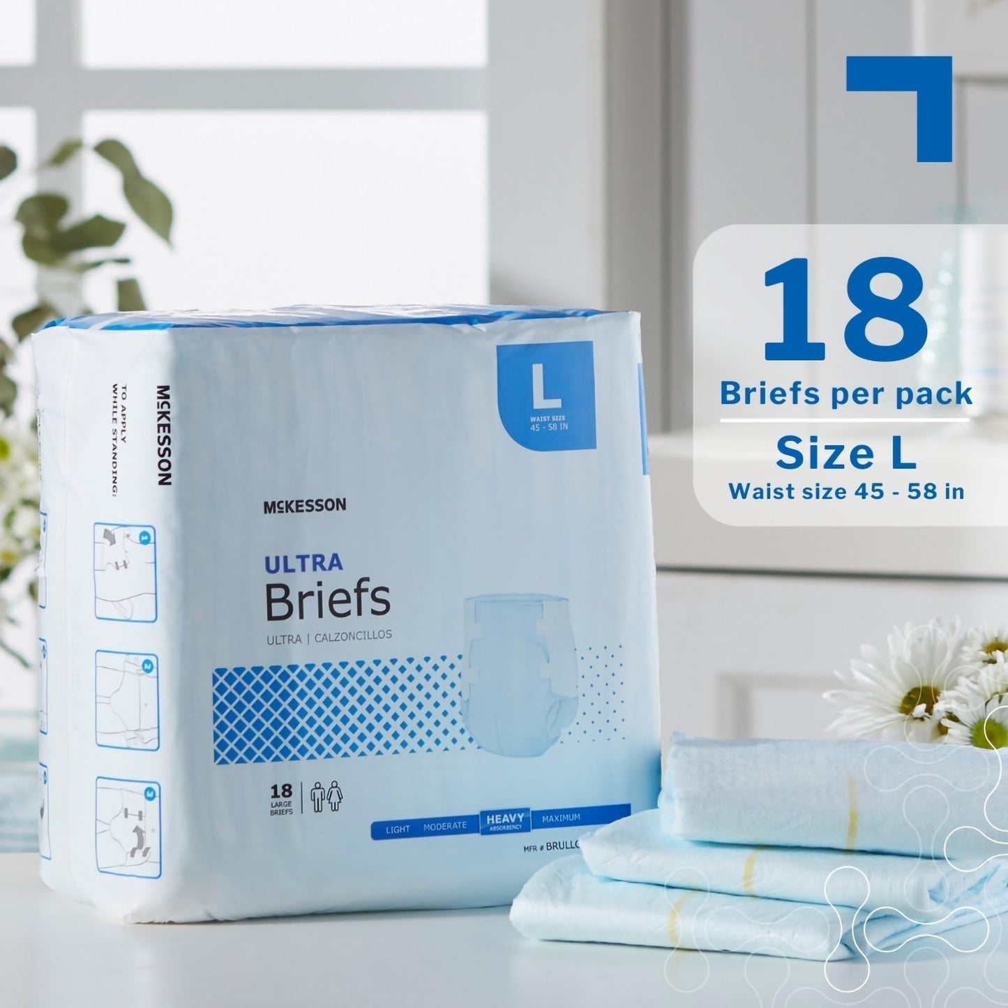 McKesson Ultra Briefs, [18 Count], Size L, 45-58 in. Incontinence Adult Diapers, Heavy Absorbency, Unisex, Disposable, Elastic Leg Gathers and Contoured Fit for Men and Women