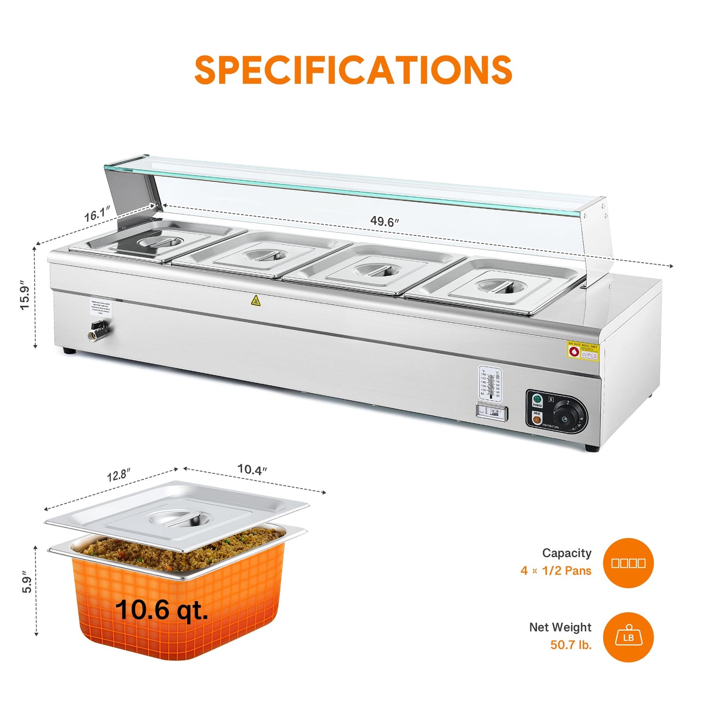 WILPREP 4-Pan Commercial Food Warmer with Sneeze Guard, Four 1/2 Pans, 1500W Countertop Electric Warmer, 86-185°F Adjustable Temp Control, Stainless Steel Buffet Bain Marie