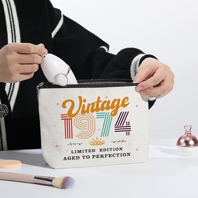 50th Birthday Gifts for Women, 1974 Vintage Makeup Bag, Best 50 Year Old Birthday Gift Ideas for Sisters, Friends, BFF, Mom, Coworker, Bonus Mom, Grandma, Nana, Gigi, Funny Anniversary Ideas for Her