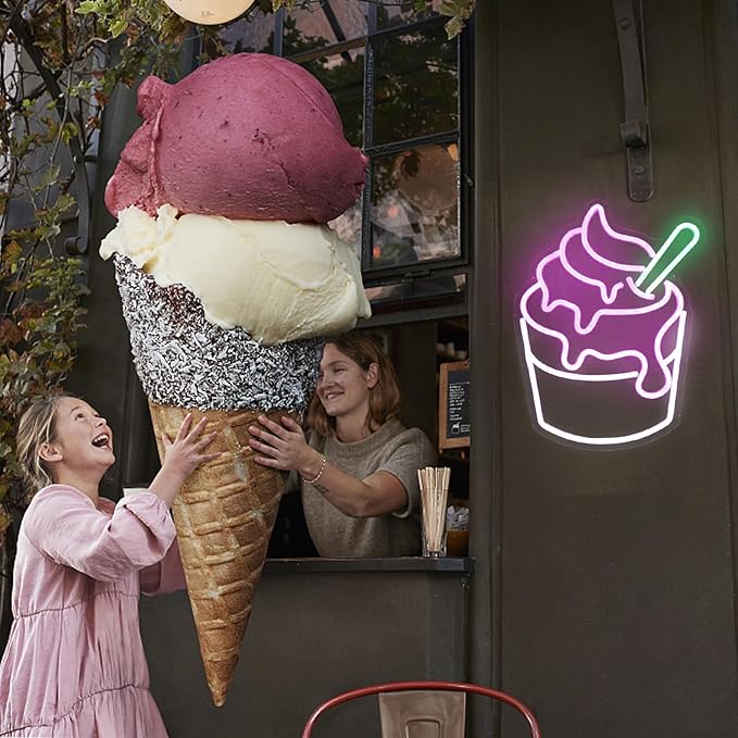 Ice Cream Neon Sign Pink White Sundae LED Neon Lights Signs Cupcake Neon Signs for Business Wall Decor Melting Ice Cream LED Signs for Bedroom Dessert Shop Restaurant Store Bar Decoration
