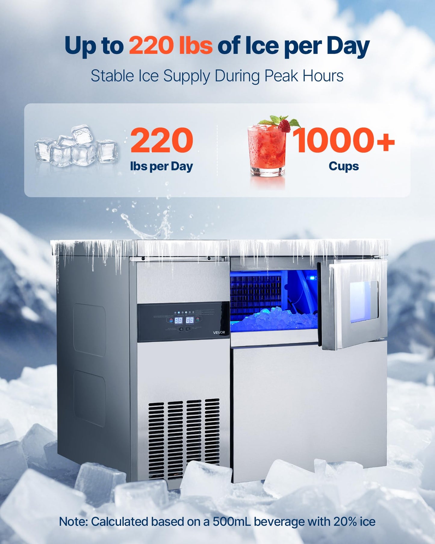 Vevor Commercial Ice Maker Machine, 220 Lbs/24H Stainless Steel Ice Machine With Worktop, 66 Lbs Storage & 108 Cubes/Cycle, Self