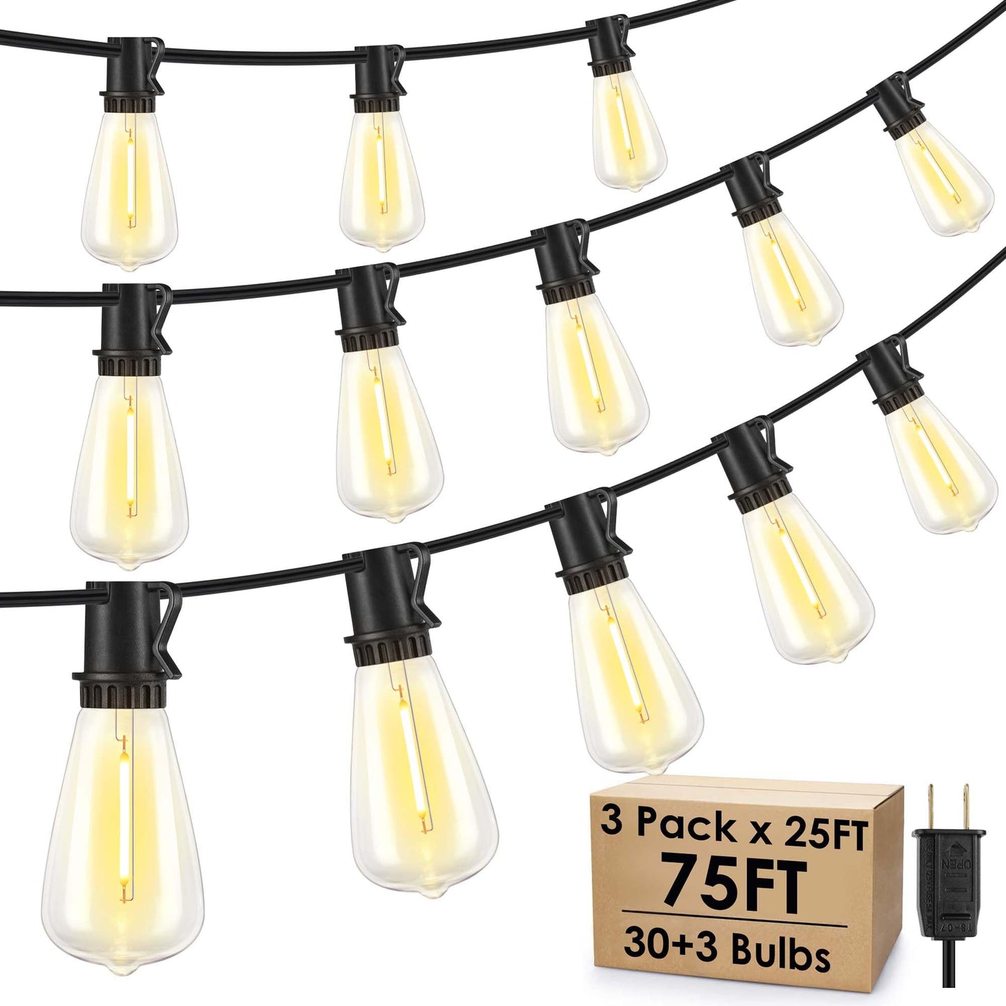 Larkvue Outdoor String Lights, 75FT, Black, 30+3 LED Dimmable Waterproof ST38 Bulbs, Model GLS-20J2P-E17-ST38-15