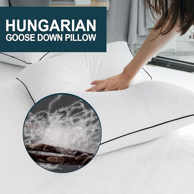 Hungarian Goose Down Pillows Queen Size, Bed Pillows for Sleeping, Pillow for Back, Stomach or Side Sleepers, Ultimate Comfort, 2 Pack, Queen (20" x 28")