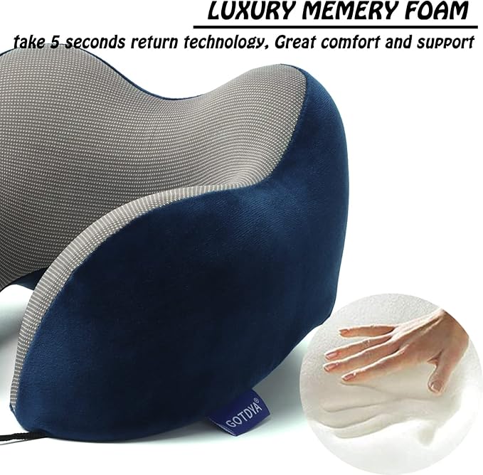 GOTDYA Travel Pillow,Travel Neck Pillows for Sleeping,100% Pure Memory Foam Soft Comfort & Support Pillow for Airplane/Car/Office&Home Rest Use-Blue