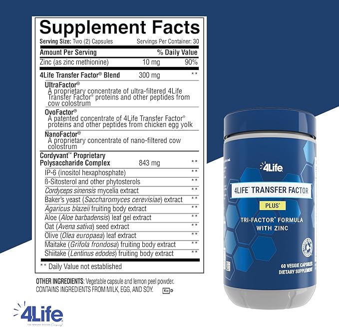 4Life Transfer Factor Plus - Support with Zinc, Super Mushroom Blend (Maitake, Shiitake, Agaricus), and Colostrum & Egg Yolk Extracts - 60 Capsules
