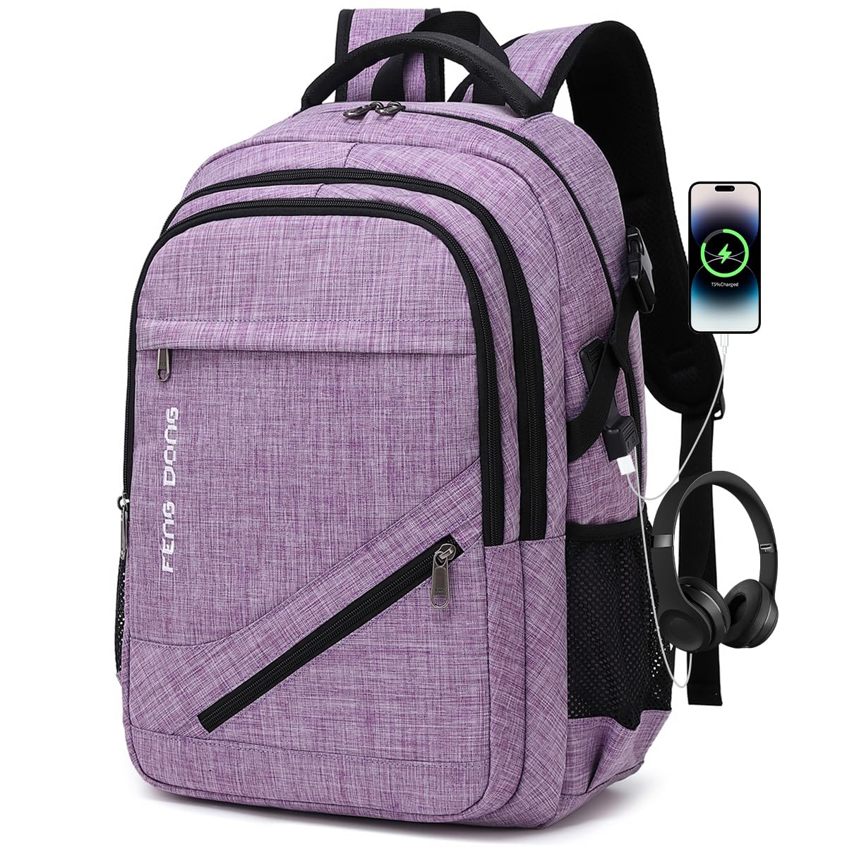 FENGDONG Large Laptop Backpack 17.3 inch Durable Waterproof Travel College Backpack Bookbag for Men & Women Business Backpack with USB Charging Port and Headset Port Light Purple -Like New