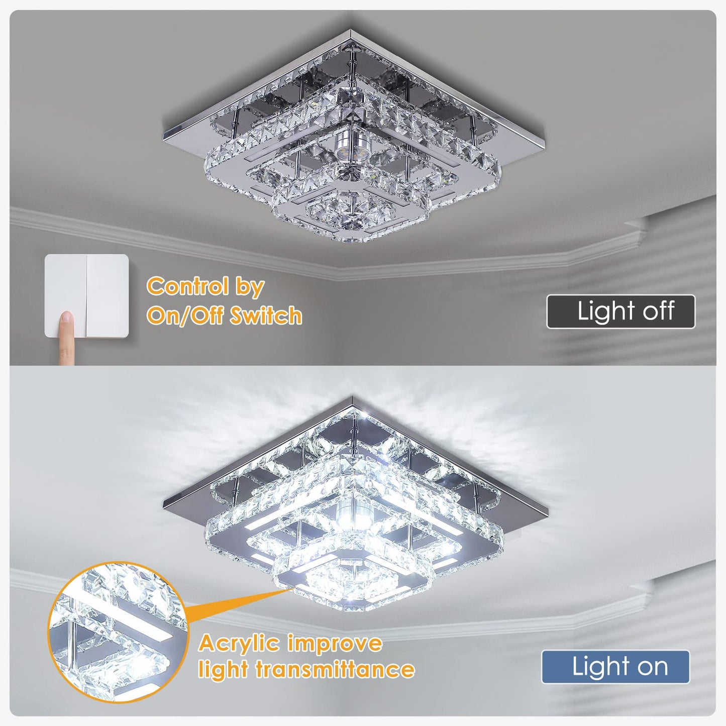 CXGLEAMING Modern LED Chandelier, Square Mini Pendant Light, Stainless Steel & K9 Crystals, Cool White, Model CX-MC031-CW