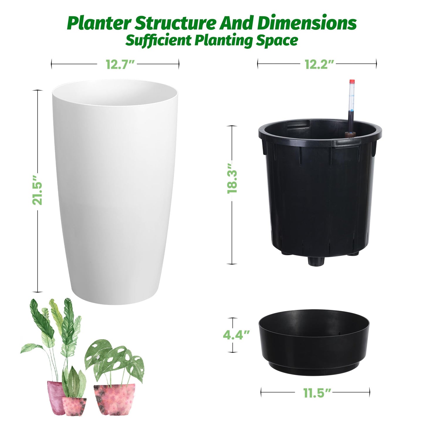 GarveeLife Set of 2 Tall Planters for Outdoor Plants, 22 in Large Planters for Outdoor Indoor Plants with Water Level Monitor ＆ Inner Bucket, Automatic Watering, for Porch, Patio, Backyard, White