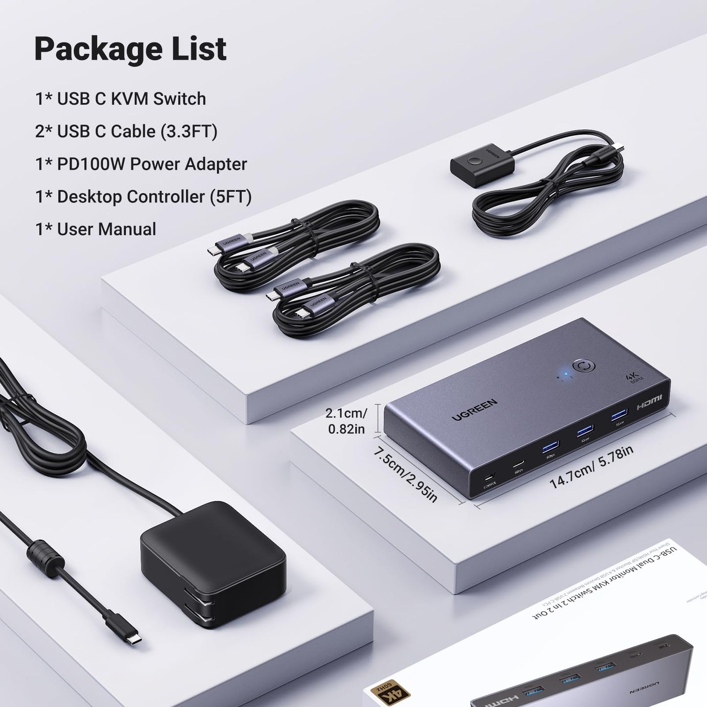 UGREEN USB-C KVM Switch 2 Monitors 2 Laptops with 4 USB 3.0 Ports 4K@60Hz for 2 Laptops Share Dual Monitors Keyboard Mouse Hard Drive Printer with PD100W Power Adapter, 2 USB Cables, Controller