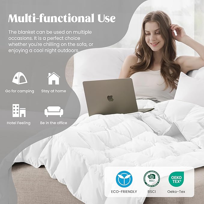 puredown® Queen Size Blanket for Bed, Ultra Soft Lightweight Down & Feather Fill, All Season Blanket, Machine Washable, 88"X90", Pure White