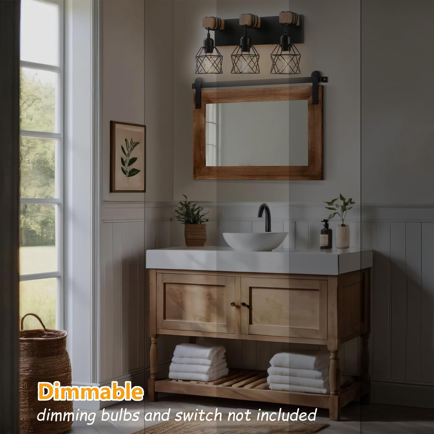 Farmhouse Vanity Light Fixture 3-Light Bathroom Lighting Black Industrial Wood Wall Light Over Mirror With Metal Shade Bulbs Not Included