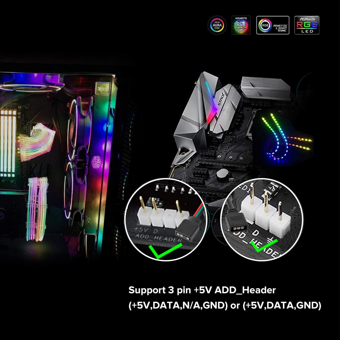 Btf-Lighting Ws2812B Rgb Led Light Strip 2Pcs 19In, 5V Addressable, Black, Compatible With Asus Aura, Msi Mystic Light, Gigabyte Fusion
