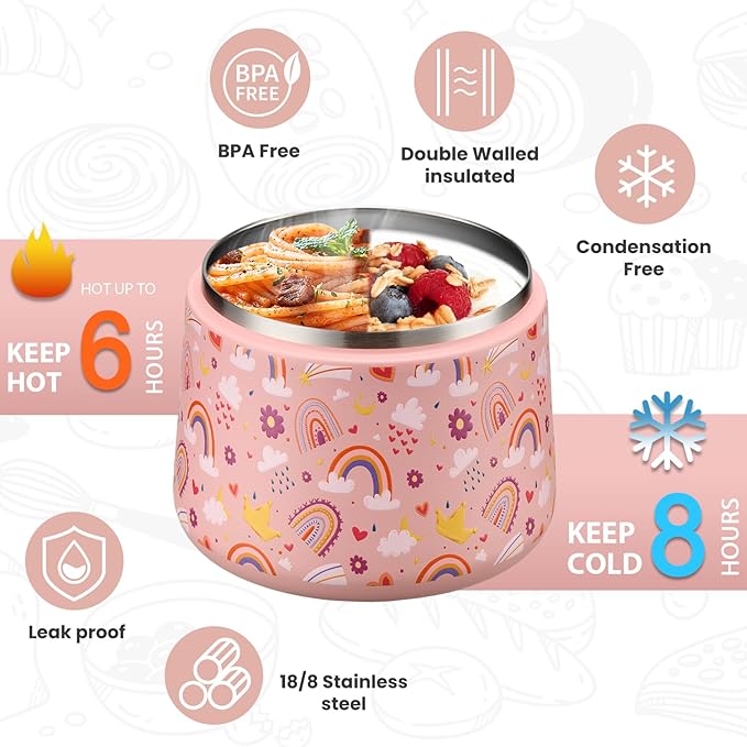 Kids Thermo for Hot Food, 14oz Insulated Soup Jar, Stainless Steel Lunch Box with Leakproof Lid & Spoon, Vacuum Insulated Bento Container (Rainbow)