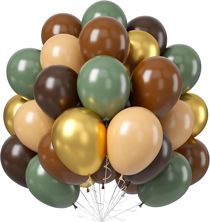 60 PCS Sage Green, Gold, Brown Latex Balloons - Woodland Camo Army Olive Green, Dark Brown, Coffee Nude Gold Party Balloon...