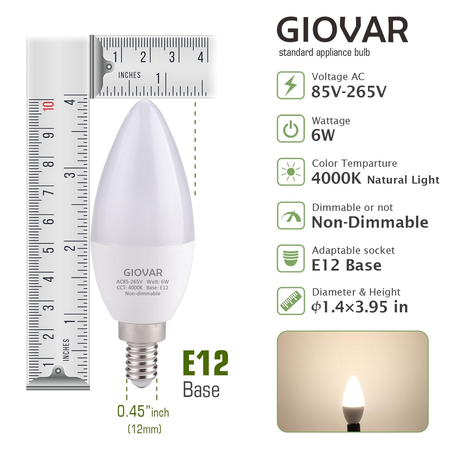 Giovar Led Candelabra Light Bulb 60 Watt Equivalent  4000K Natural White  Light Bulbs For Chandelier  E12 Small Base  120V  B10  Non-Dimmable  Pack Of 4