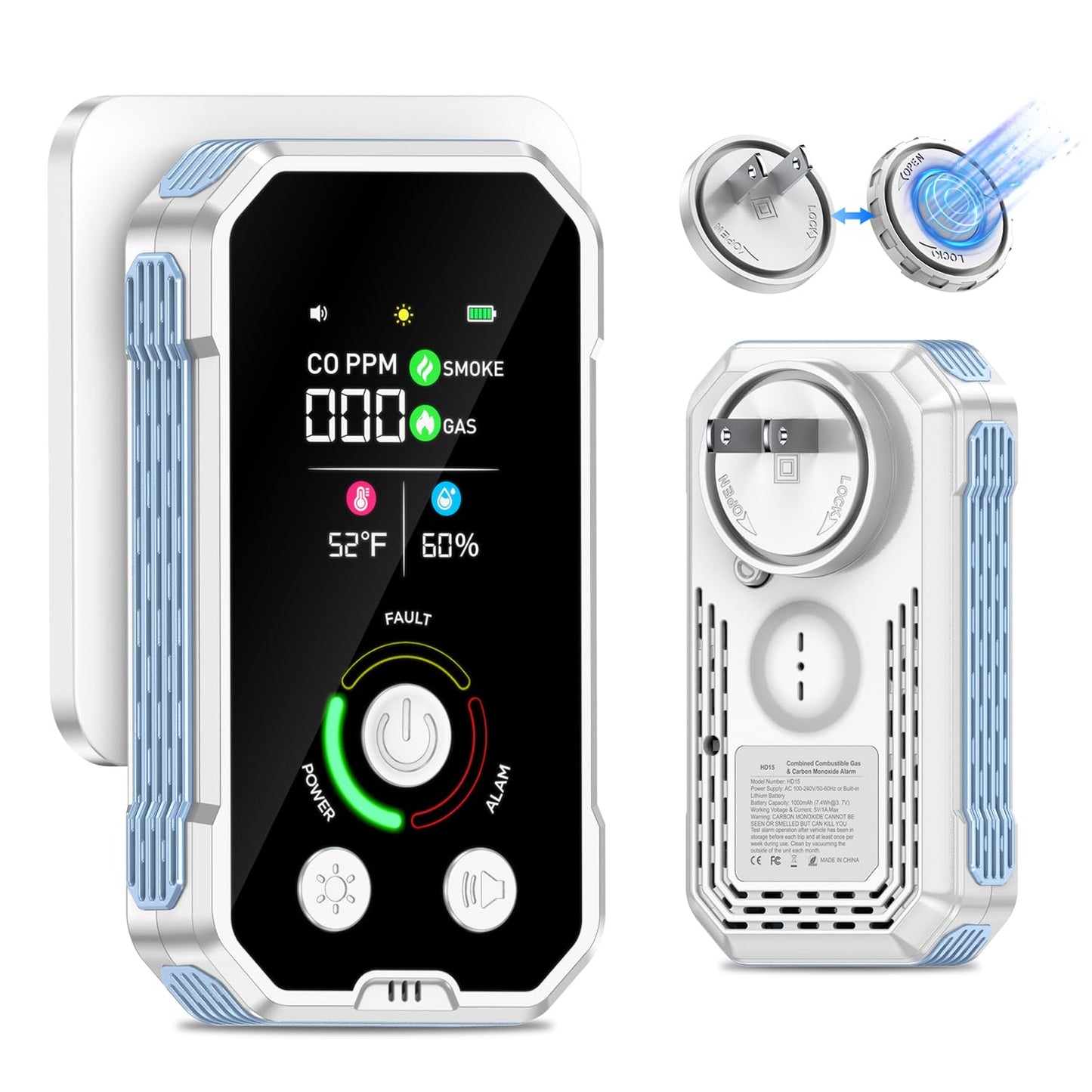CSCL 5-in-1 Carbon Monoxide Detectors Plug in, Natural Gas & Smoke & Carbon Monoxide Detector with Temperature Humidity Display, Portable CO Detector & Gas Leak Detector for Travel, Home, RV
