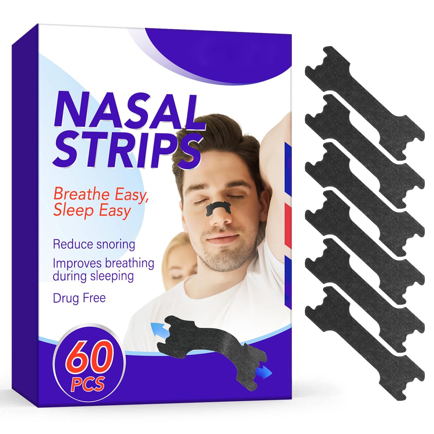 Nasal Strips Extra Strength, 60 Ct Nasal Strips for Snoring Relief, Help Stop Snoring, Improved Sleep, Reduce Snoring, Day & Night Use, Nasal Dilators for Men & Women