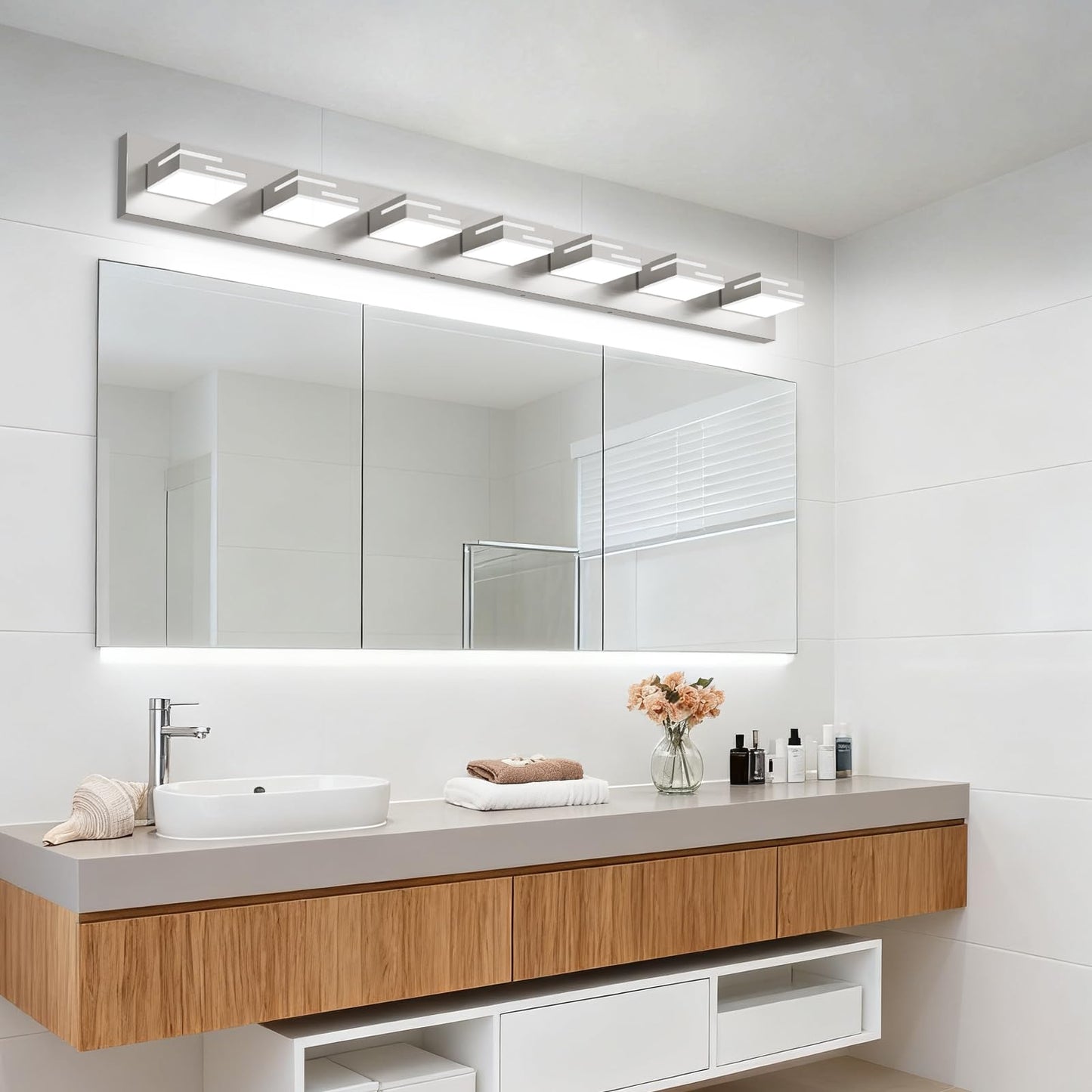 LKHF LED Modern Bathroom Vanity Light Fixtures, 7-Light 48-inch Dimmable Brushed Nickel Vanity Lights for Bathroom Lighting Fixtures Over Mirror, with 350° Rotatable Acrylic Heads (Cool White 6000K)