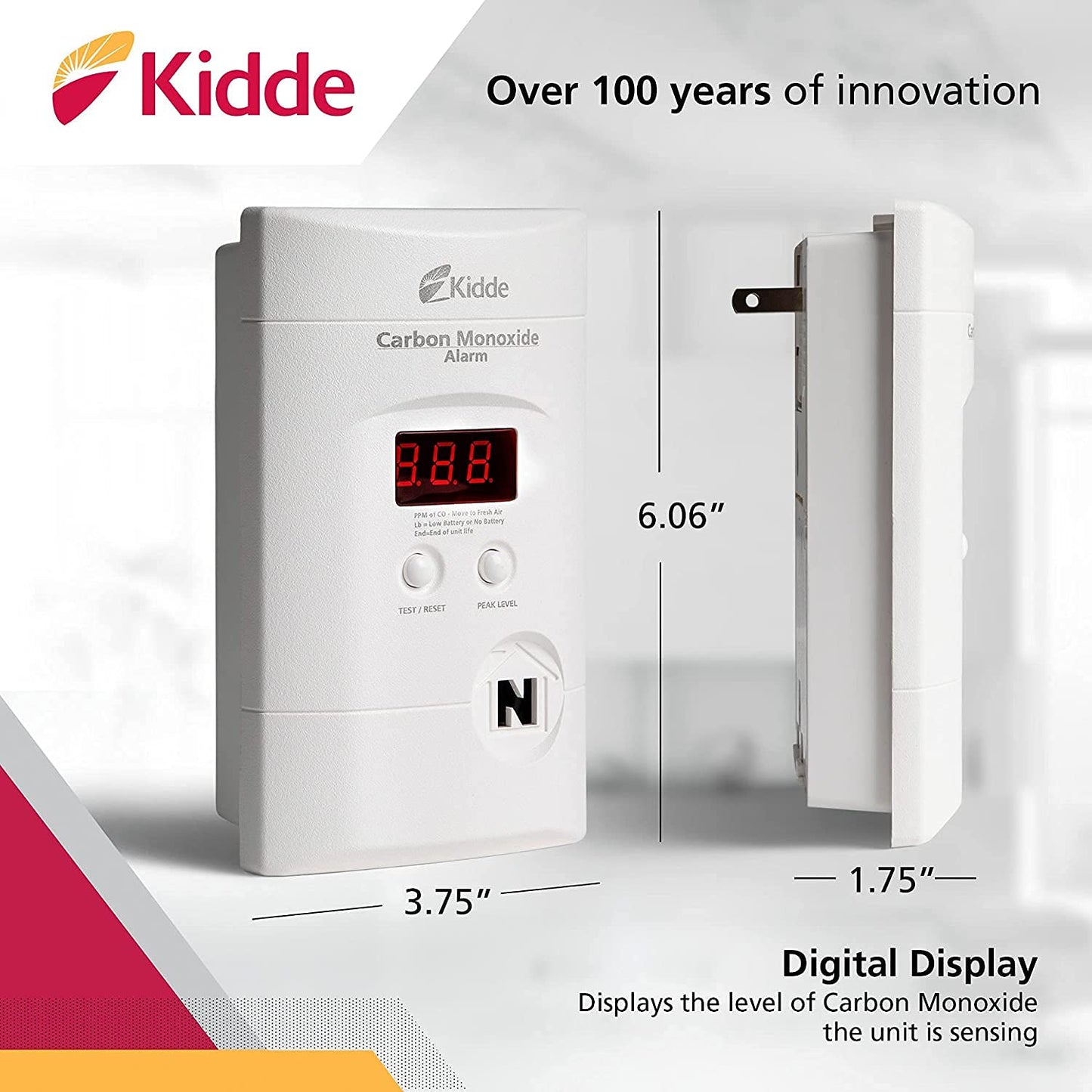 Kidde Carbon Monoxide Detector, Plug In Wall with 9-Volt Battery Backup, Digital LED Display - 6 Pack