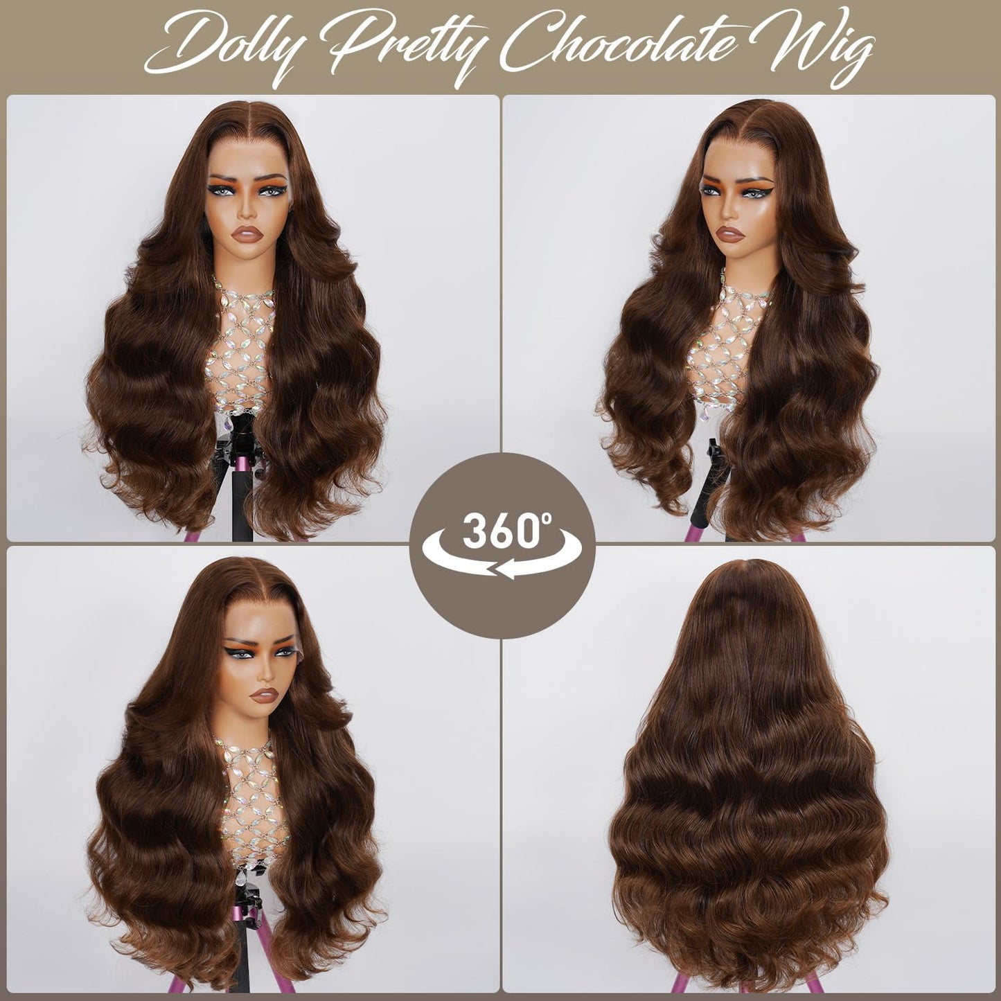 DOLLY PRETTY 28 Inch Chocolate Brown Lace Front Wig 13x6 Body Wave Lace Front Wigs Human Hair 200 Density Pre Plucked 4# Colored