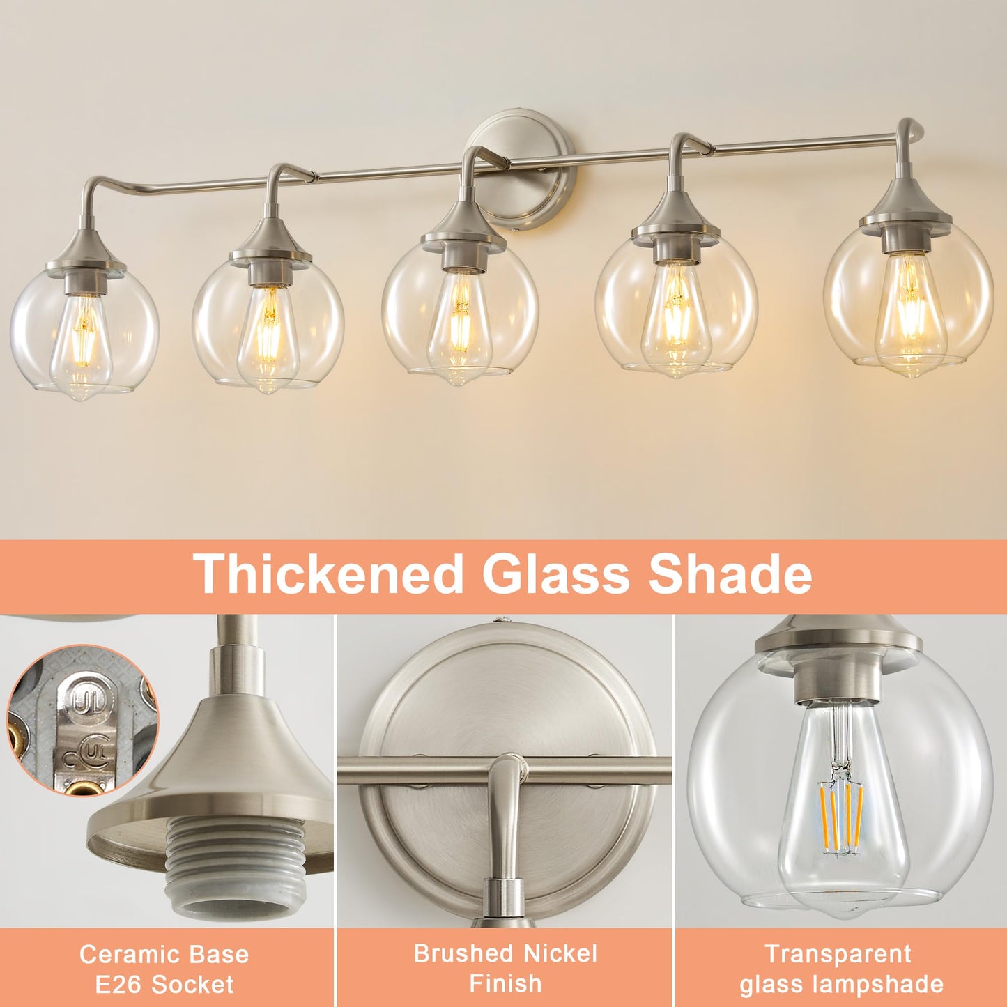 Gednbo Bathroom Vanity Lights With Clear Glass Shade  E26 Base  Vanity Lighting Fixtures Over Mirror  39 Inch Vanity Lights For Bathroom (Exclude E26 Bulb) (Brushed Nickel  5-Lights)