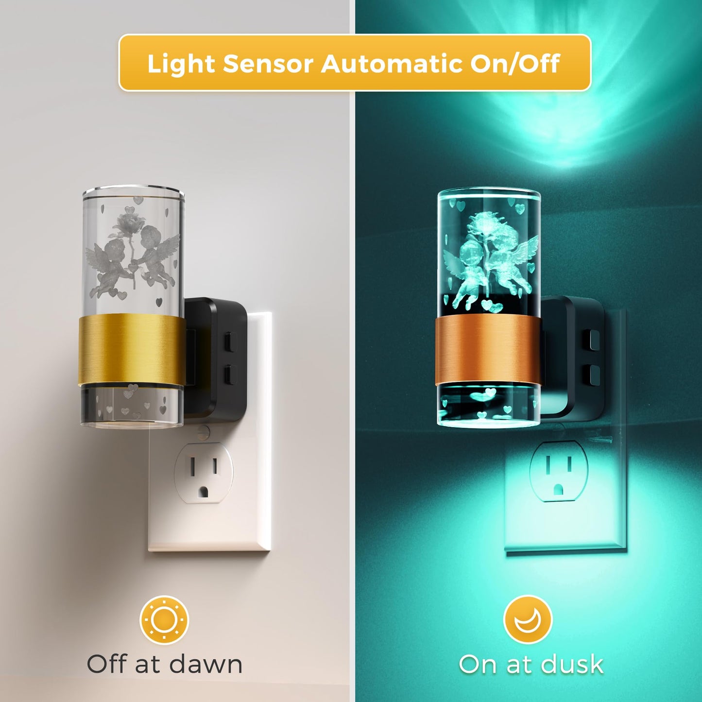 L LOHAS LED Night Light, Dusk to Dawn Sensor, 9 Color Changing, Adjustable Brightness, Acrylic, 1 Pack, Gold Ring-Angel RGB