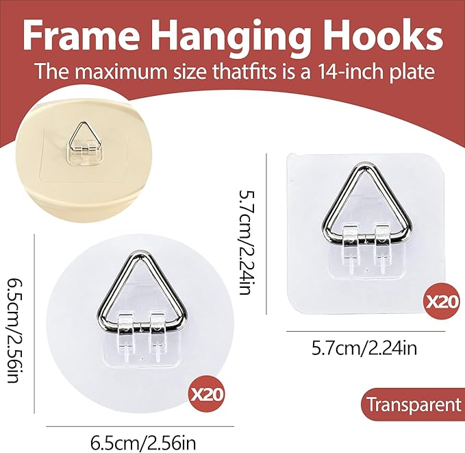 40 Pack Invisible Adhesive Plate Hangers, Vertical Wall Holders for Display, Supports 8-10 Inch Decorative Plates, Art & China, Secure Hangers for Home Décor Ideal(20 Round 20 Square)