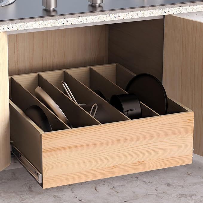 Pull Out Cabinet Organizer with Divider, 26''W×21''D×7''H Soft Close Wood Drawer for Kitchen Pantry, Finished, Heavy-Duty, Bottom Assembly (Wood Drawer Part Width is 25'')