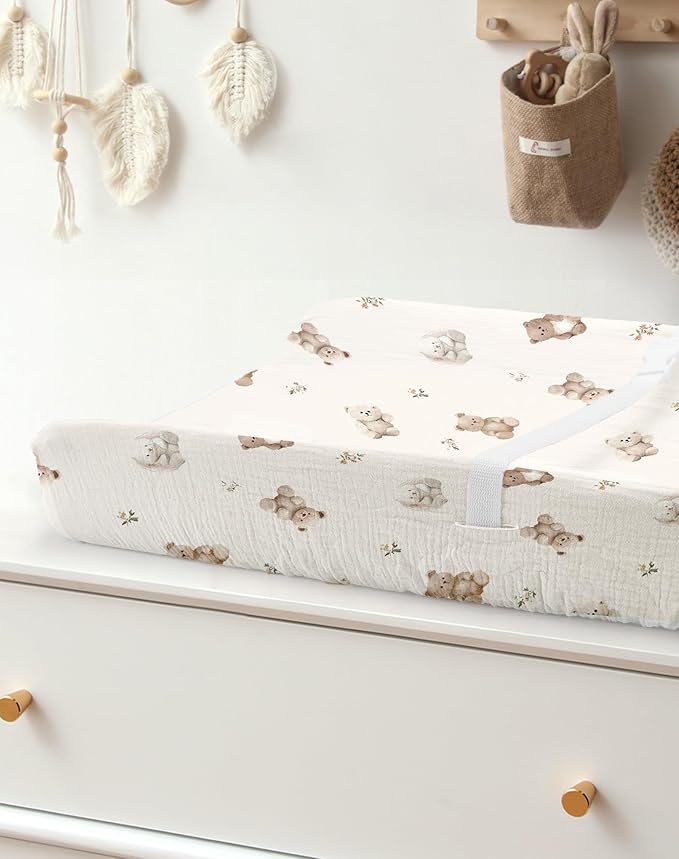 Changing Pad Cover for Baby Boy Girl 2 Pack, Muslin Changing Table Pad Covers with Boho Style, Neutral Nursery Bedding Essentials Soft and Breathable (Teddy & Friends)