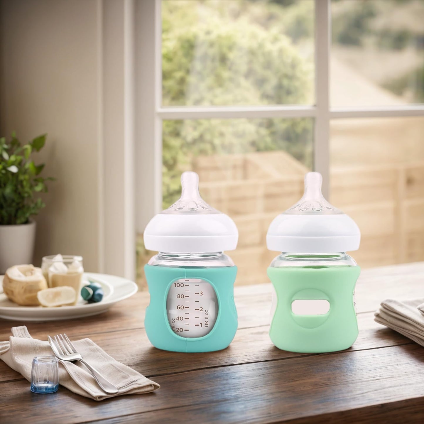 2 Pack Silicone Sleeves Compatible with Philips Avent Glass Baby Bottles 4 oz, to Prevent The Baby Bottles from Breaking, BPA-Free (Green+Light Green)