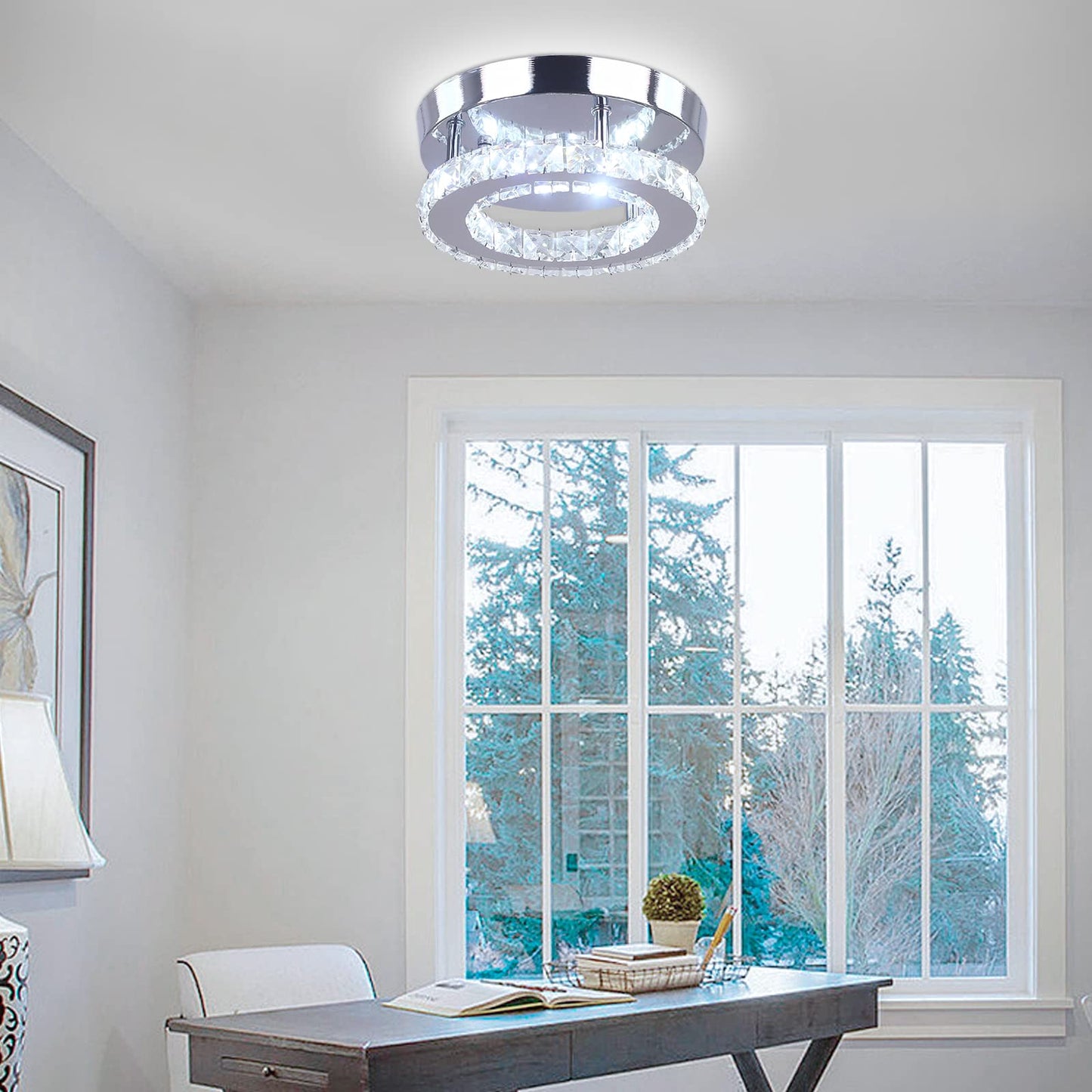Diisunbihuo Modern Mini Led Chandelier Crystal Ceiling Light For Bedrooms & Dining Rooms, Round White Finish