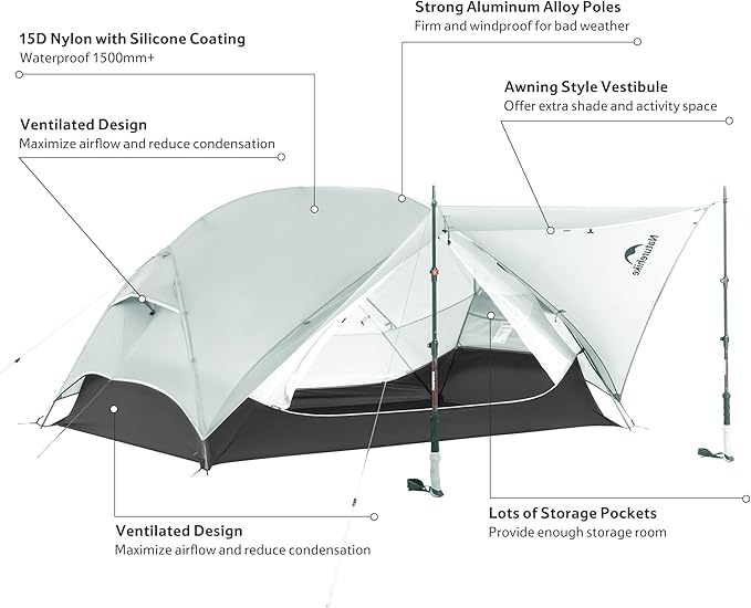 Naturehike Mongar UL 1/2Person Backpacking Tent,15D Nylon Waterproof Ultralight 1-2 Person Tent with Footprint