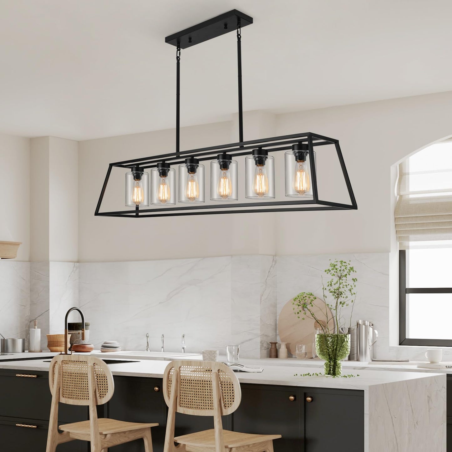 Senyshilon 6-Light Black Farmhouse Chandelier, Metal With Clear Glass For Dining Room, Kitchen Island, Model S8833-6S
