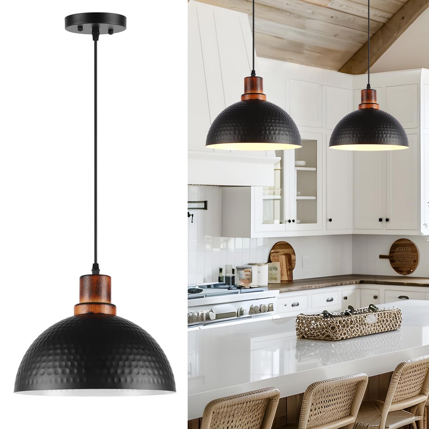 Mgcanyu Black Pendant Lights Kitchen Island  11.8 Hammered Metal Black Dome Pendant Lighting Black And Wood Pendant Light Fixture Hanging Ceiling Light For Dining Living Room Restaurant Sink