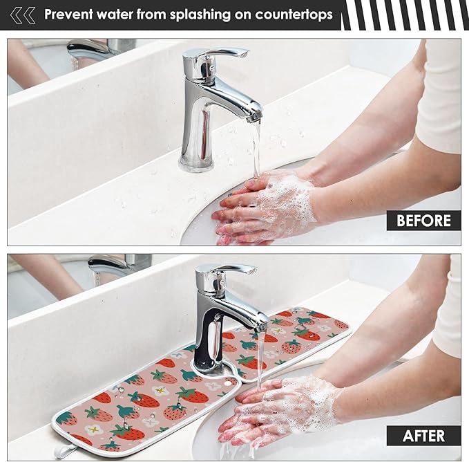 Kitchen Faucet Absorbent Mat,Strawberry Summer Berry Water Splash Guard for Sink, Faucet Drip Catcher Thicken Sponge Microfiber Faucet Water Catcher Mat Sink Absorbent Mat for Kitchen 14x5in 2 Pack
