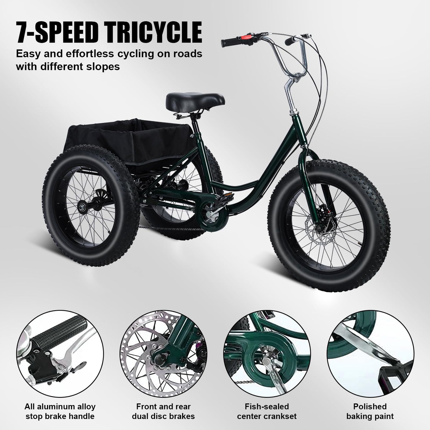 Tacarlha Tricycle for Adults, 20 Inch Fat Tire Trike for Adults, 7-Speed Adult Tricycle 20x4 Fat Tire Trike with Dual Disc Brakes & Rear Basket, 450lbs Capacity Cruiser 3 Wheel Bikes