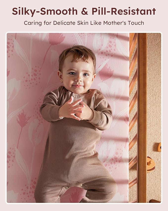 Pack and Play Sheets Fitted 3 Pack, Mini Crib Sheets for Pack N Play Mattress Stretchy Portable Playard Sheets, Soft Breathable Pink Flowers & Leaf