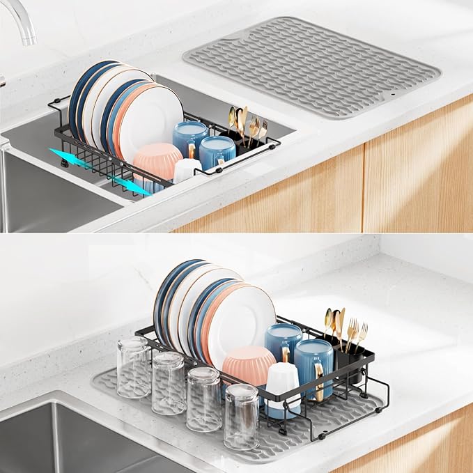 iSPECLE Expandable in Sink Dish Drying Rack with Mat - Adjustable Capacity Over The Sink Dish Drainer Drying Rack with Utensil Holder, 12.4"-17.1" L x 12" W, Black