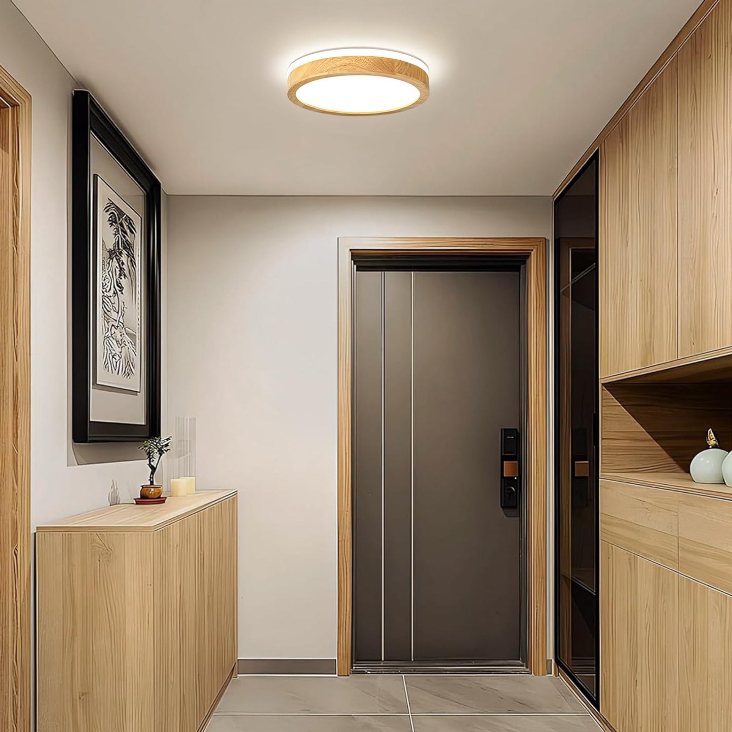 Pevfah Modern Dimmable Wood Flush Mount Ceiling Light  2700K-6000K 5Cct Round Close To Ceiling Lighting Fixtures  Minimalist Led Ceiling Lamp For Bedroom  Kitchen  Hallway  Laundry Room-11.81In