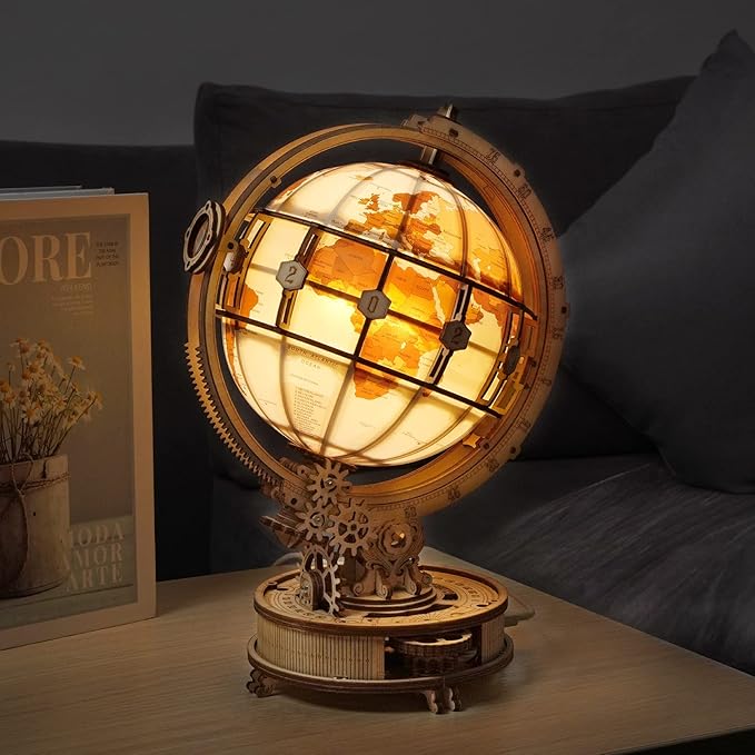 ROBOTIME ST003 Luminous Globe - Wooden 3D Puzzles for Adults with LED Light - Globe Model Building Kit for Teens & Adults