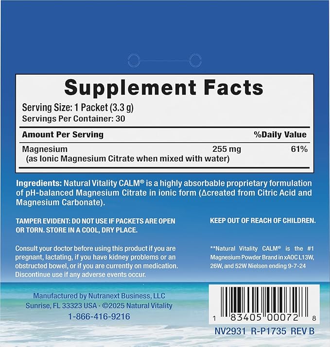 Natural Vitality Calm Magnesium Powder, Unflavored, 30 Packets (Package May Vary)