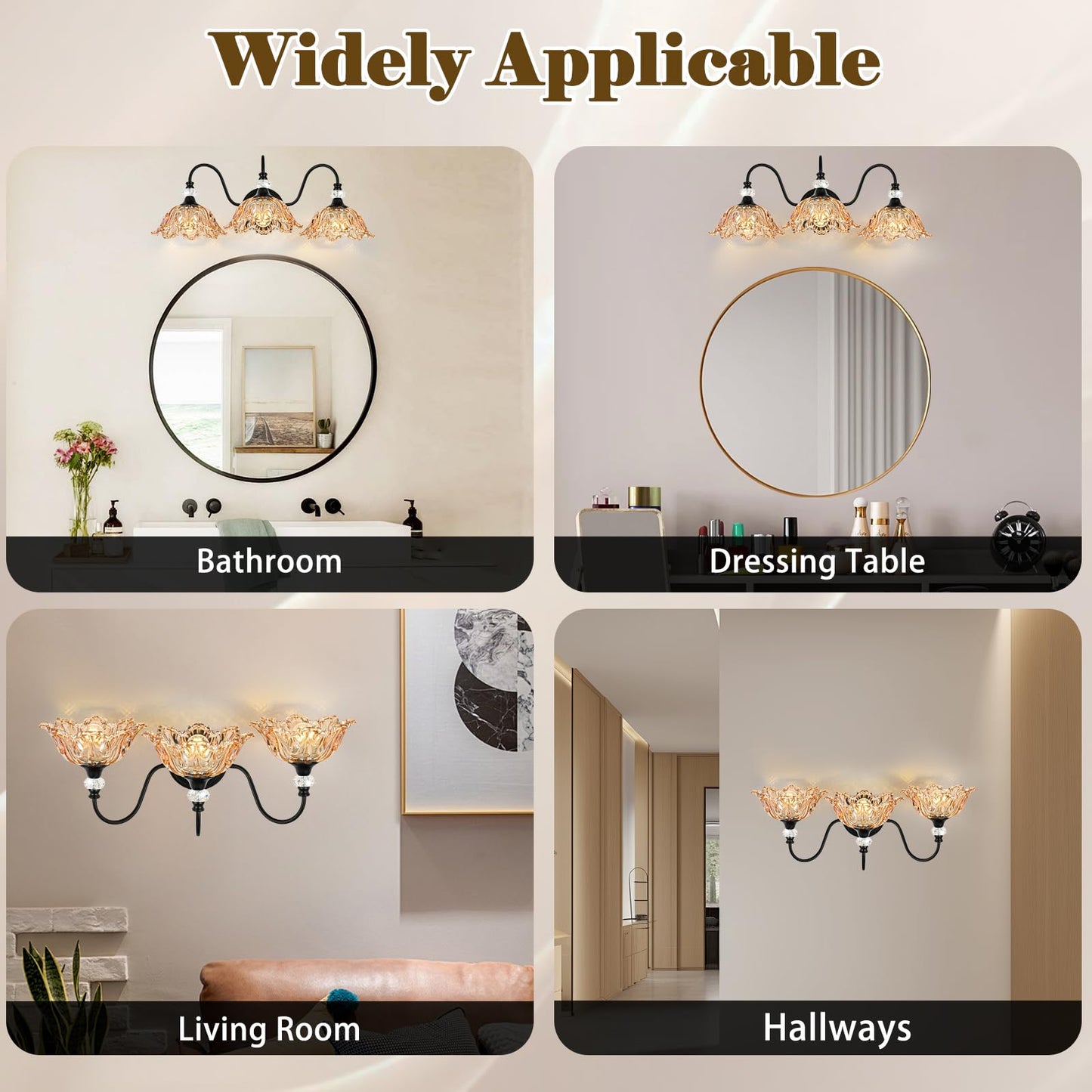 Sunkryster Black Bathroom Vanity Light 3-Light Vanity Light With Floral Amber Glass Shades Vintage Farmhouse Wall Mount Lighting For Bathroom  Dressing Table
