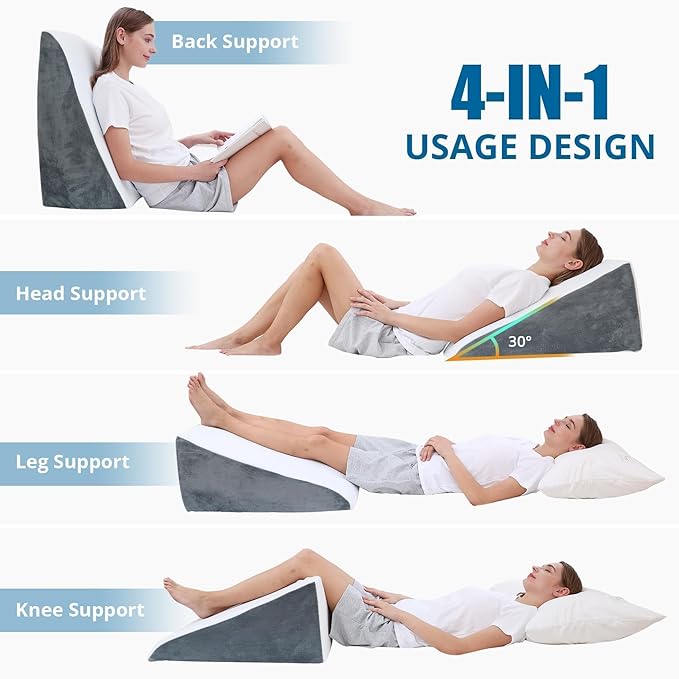 Sasttie Wedge Pillow for Sleep Apnea, 12 Inch Memory Foam Bed Wedge Pillow for Acid Reflux Relief, 30 Degree Triangle Incline Pillow Wedge for Sleeping with Removable Cover, Dark Grey