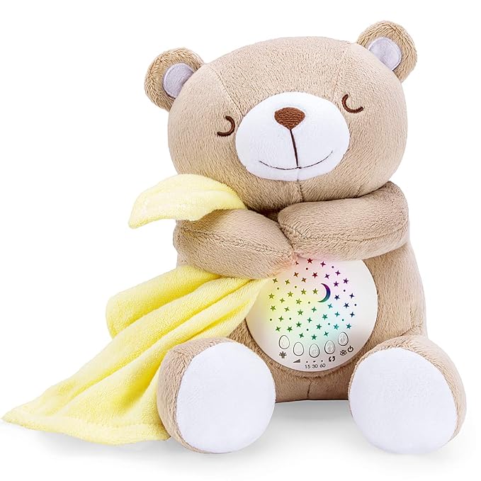BEREST Rechargeable Baby Sleep Soother Bear, Nursery Decor Night Light Projector, Mom's Heartbeat Cry Sensor Lullabies White Noise Sound Machine, Toddler Crib Sleeping Aid Toys for Shower Gifts