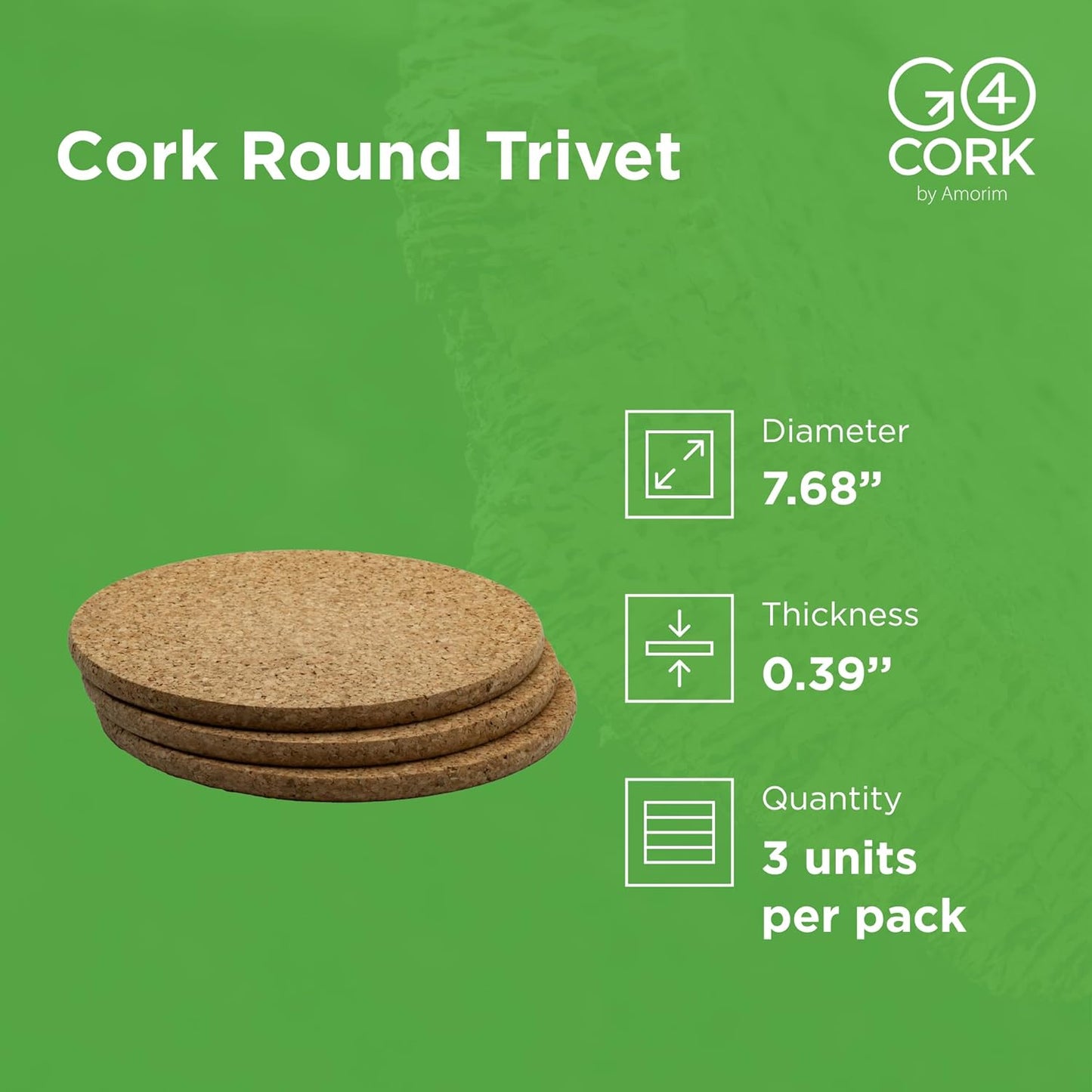 Go4Cork Cork Round Trivet Set - 195x10mm (7.68"x0.39"), Pack of 3 | Heat Resistant, Reusable, Easy to Clean | Ideal for Kitchen & Dining
