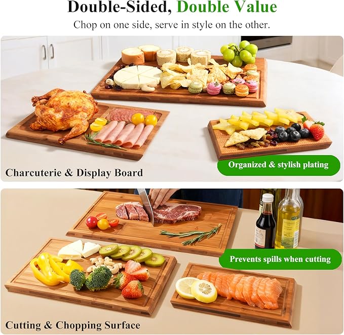 Bamboo Cutting Board Set with Stand, 3PCS Double-Sided Chopping Boards for Kitchen Meal Prep & Serving, Charcuterie, Juice Grooves & Side Handle, Ideal for Meat, Vegetables, Kitchen Essentials