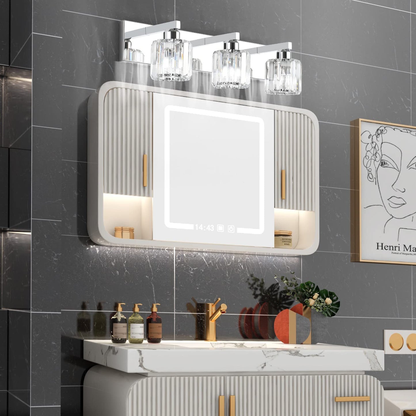 Aipsun Crystal Vanity Light Fixture - Modern 3-Light Wall Light For Bathroom, Chrome, 23 Inch, Model 8460