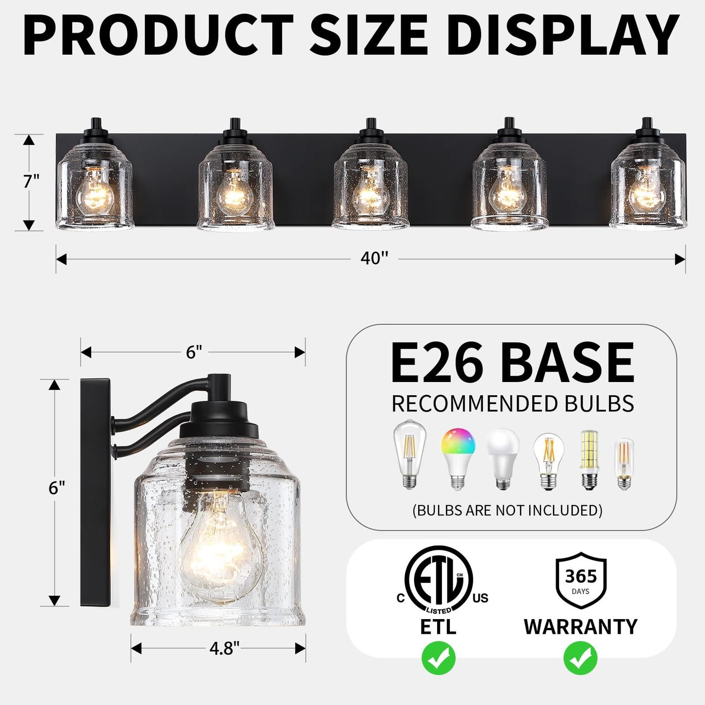 YKLITG Vanity Light 5-Light Black Metal Farmhouse Rustic 40in Bubble Glass Shades BD005 S