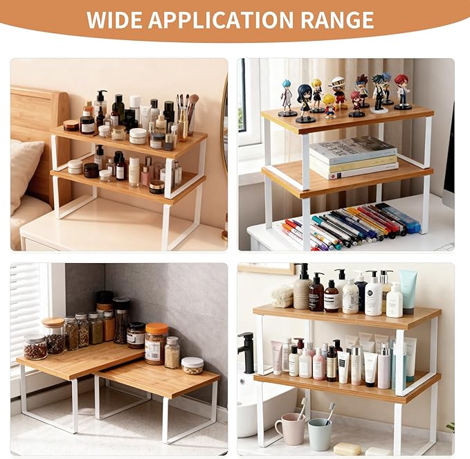 Cabinet Organizer Shelf, Set of 2 Expandable Kitchen Countertop Shelves with Spice Rack - Stackable Storage in Metal and Wood15.7 inches (Bamboo Color)