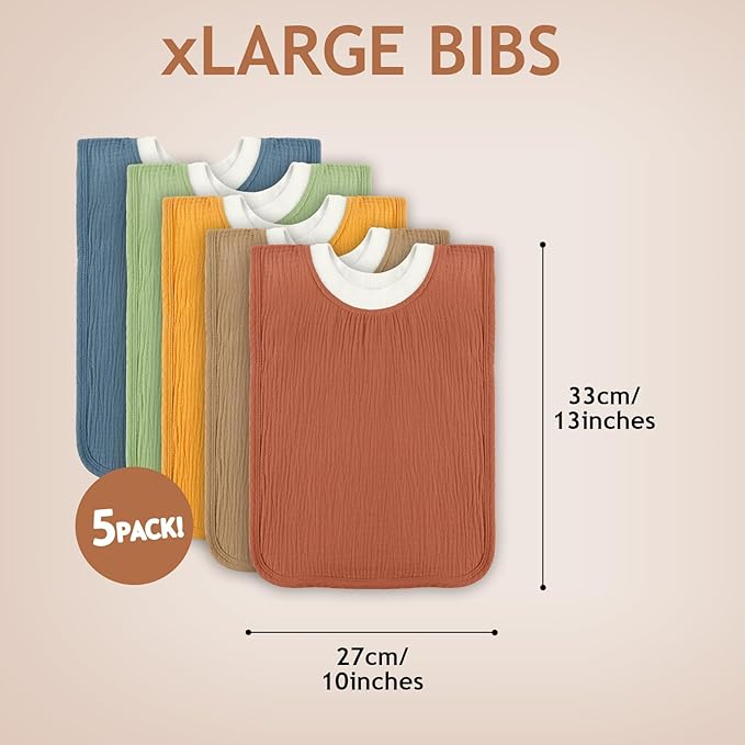 Newwiee 5 Pcs Large Muslin Pullover Baby Bibs Full Coverage Toddler Slip on Absorbent Bib Waterproof Toddler Towel Bibs (Classic Color)